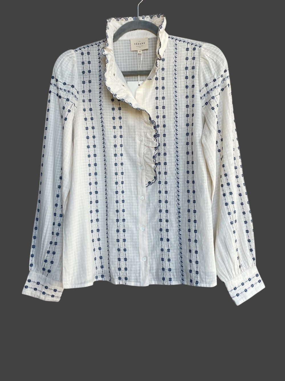 SEZANE NWT White Blue Cream Floral Embroidered Ruffle Button Down Chlo Shirt Top - Picture 3 of 17